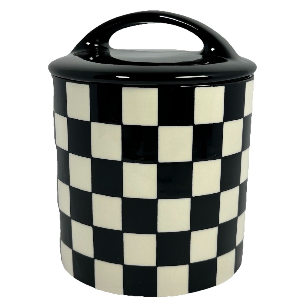 Potter's Studio Black White Checkered Cookie Jar‎ Ceramic Canister W Lid NEW
